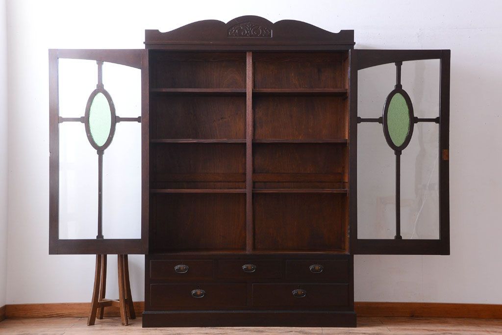 アンティーク家具　和製アンティーク　当時物色ガラス入り!古い木製の特大本箱