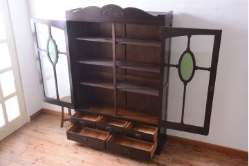 アンティーク家具　和製アンティーク　当時物色ガラス入り!古い木製の特大本箱