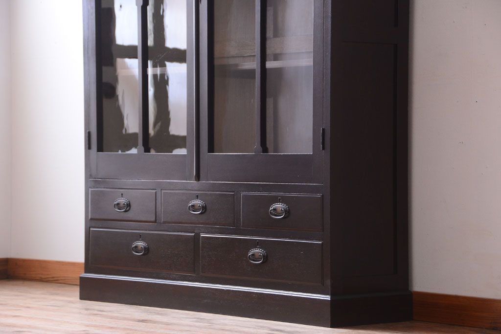 アンティーク家具　和製アンティーク　当時物色ガラス入り!古い木製の特大本箱