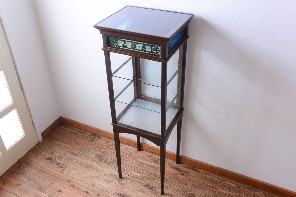 アンティーク家具　大正ロマン　脚付き!古いタバコ屋の当時物色ガラス入りアンティーク縦型ガラスケース
