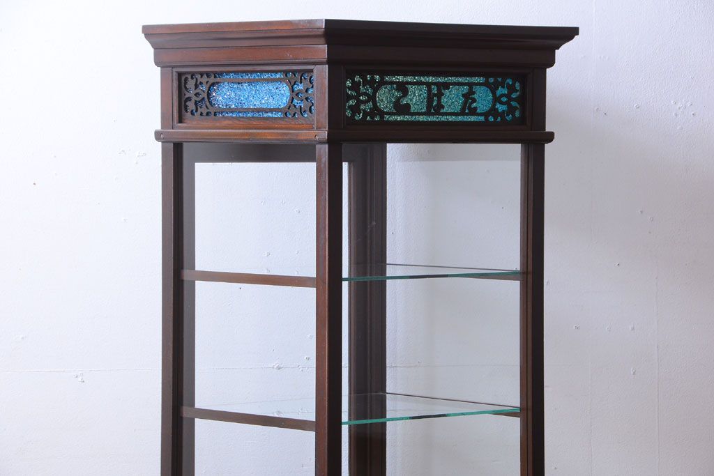 アンティーク家具　大正ロマン　脚付き!古いタバコ屋の当時物色ガラス入りアンティーク縦型ガラスケース