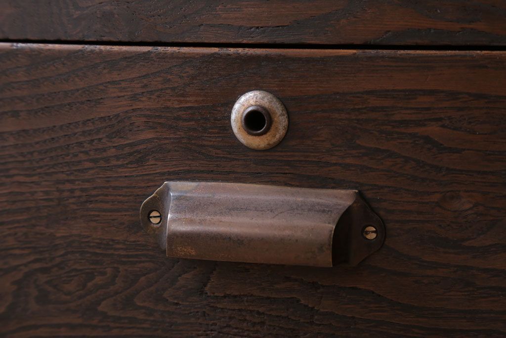 アンティーク家具　和製アンティーク　鉄脚付き!結霜ガラス引き戸のローボード