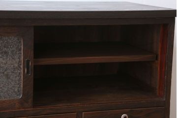 アンティーク家具　和製アンティーク　鉄脚付き!結霜ガラス引き戸のローボード