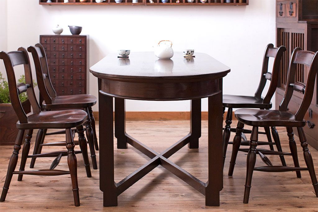 アンティーク家具　和製アンティーク　古いナラ材の上質なオーバル(楕円)型ダイニングテーブル