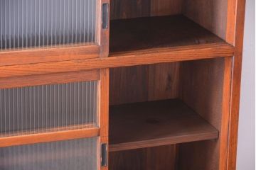 アンティーク家具　和製アンティーク　前面欅材!2段重ねのモールガラス引き戸収納棚