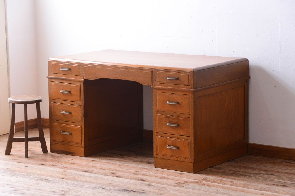 アンティーク家具　和製アンティーク　古いナラ材の上質な組み立て式両袖机(デスク)