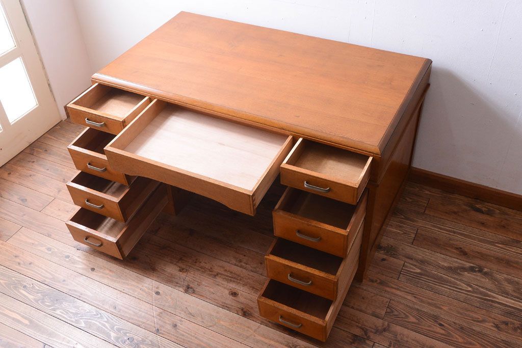 アンティーク家具　和製アンティーク　古いナラ材の上質な組み立て式両袖机(デスク)