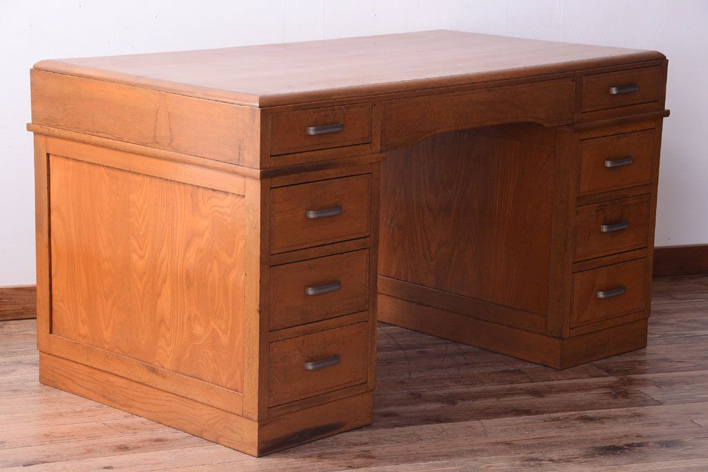 アンティーク家具　和製アンティーク　古いナラ材の上質な組み立て式両袖机(デスク)