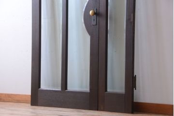 和製アンティーク　両開き　面取りガラス入り!古いナラ材の背の高い高級親子ドア(扉)