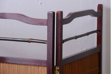  古民具・骨董　古い木製の折り畳み式四連屏風衝立て　パーテーション(3)