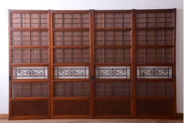 和製アンティーク　和モダン!組子入りガラス帯の格子戸4枚セット