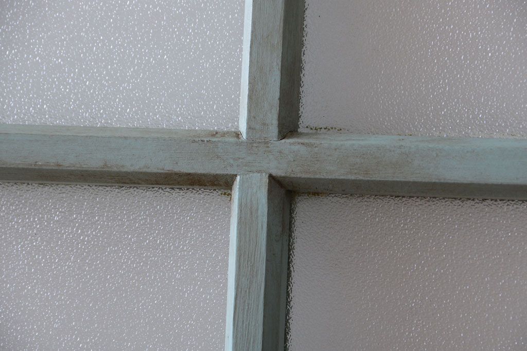 アンティーク　オリーブグリーンペイントのガラス引き戸2枚セット