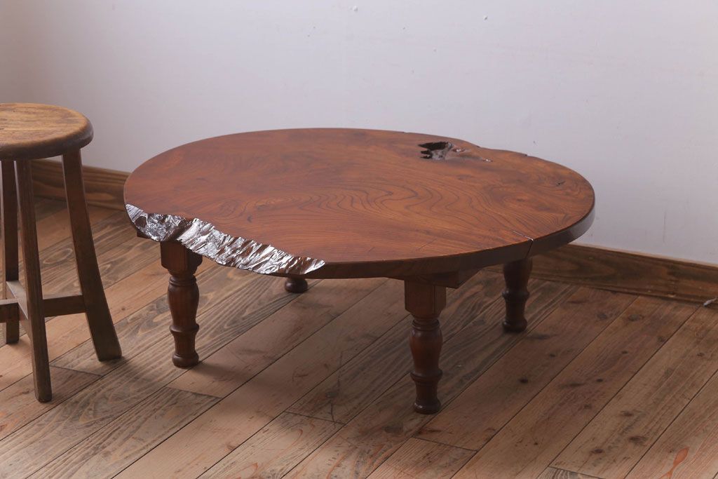 アンティーク家具　和製アンティーク　総欅材!天板一枚板の丸型座卓