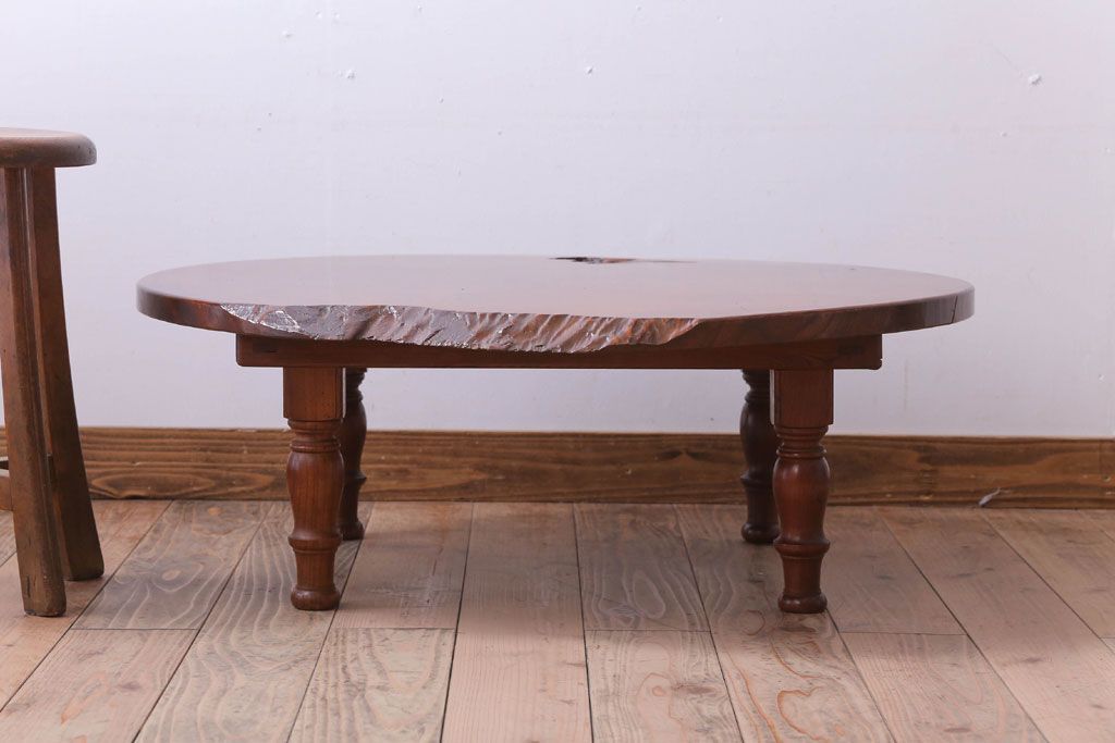 アンティーク家具　和製アンティーク　総欅材!天板一枚板の丸型座卓