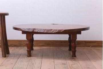 アンティーク家具　和製アンティーク　総欅材!天板一枚板の丸型座卓