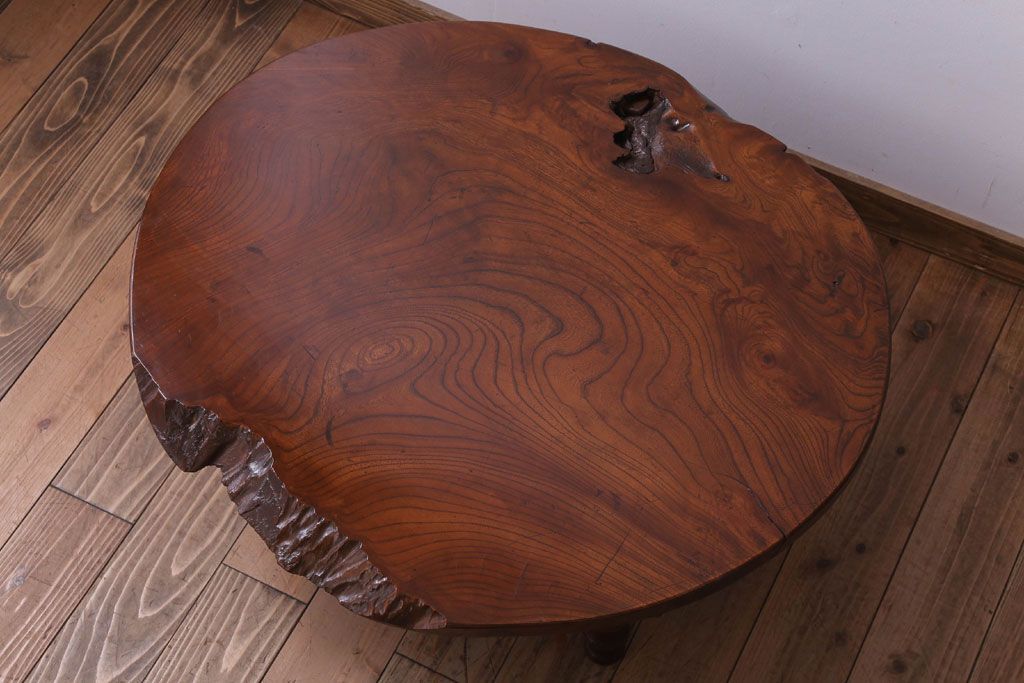 アンティーク家具　和製アンティーク　総欅材!天板一枚板の丸型座卓