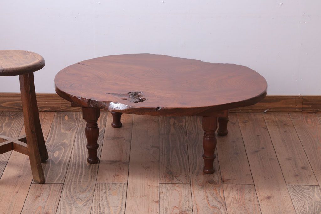 アンティーク家具　和製アンティーク　総欅材!天板一枚板の丸型座卓