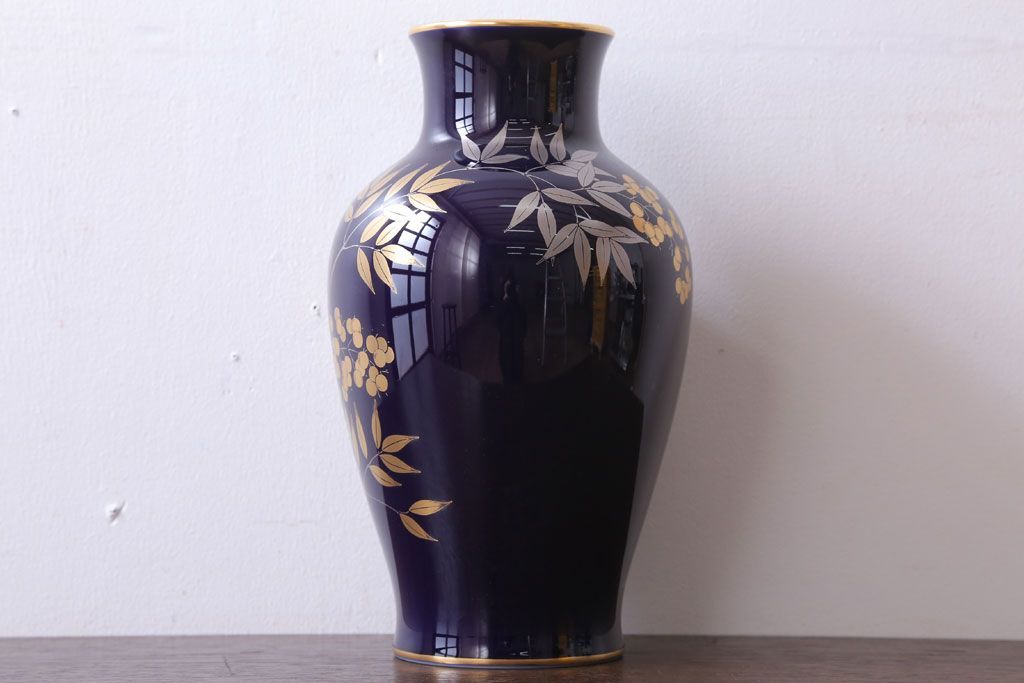 アンティーク雑貨　中古　大倉陶園(おおくらとうえん)　瑠璃(るり)金蝕　花器