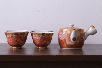 アンティーク雑貨　アンティーク　大正〜昭和初期　九谷焼　急須・茶碗の6点セット(茶道具・色絵)