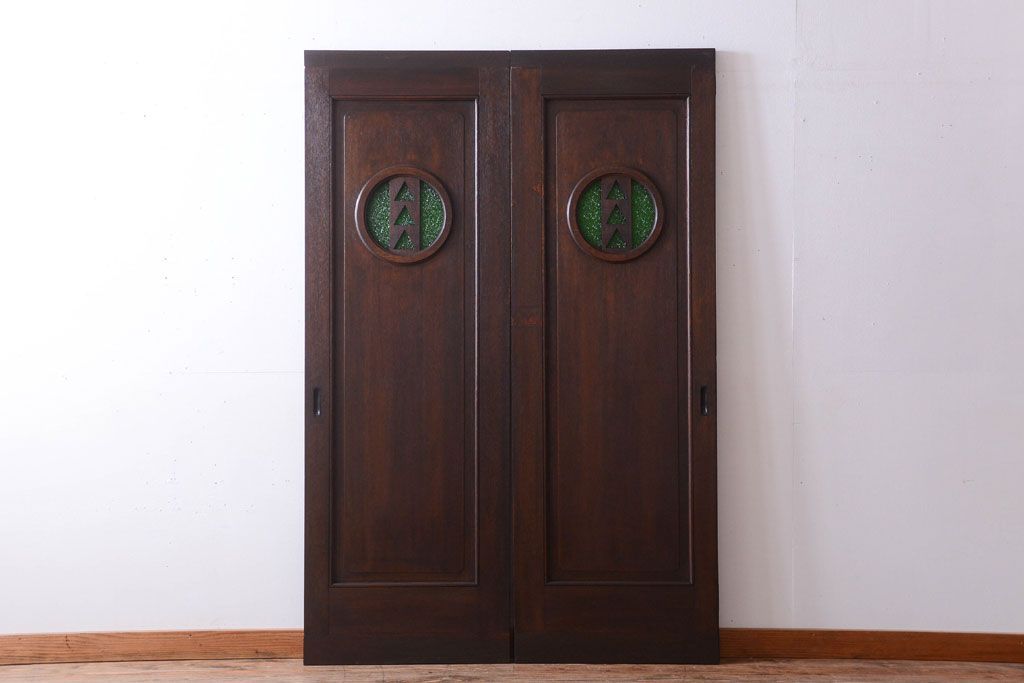 大正ロマン　当時物色ガラス入り!和製アンティークの洋風引き戸2枚セット