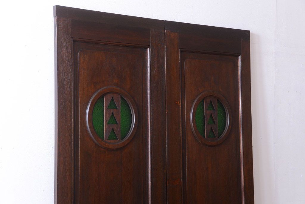 大正ロマン　当時物色ガラス入り!和製アンティークの洋風引き戸2枚セット