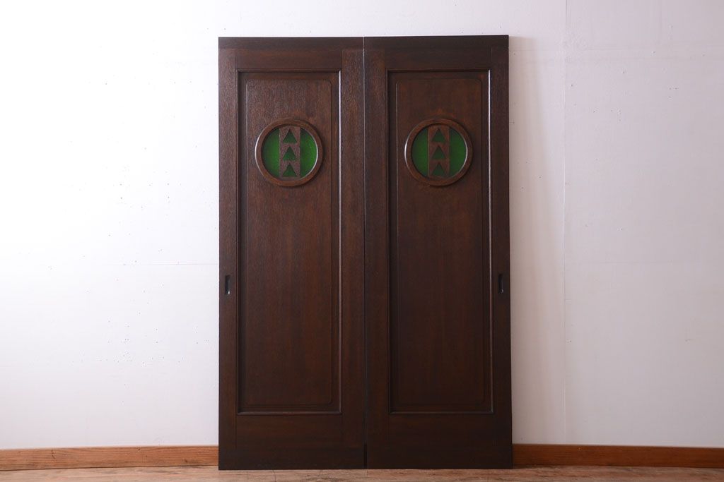 大正ロマン　当時物色ガラス入り!和製アンティークの洋風引き戸2枚セット