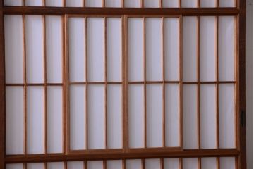 和製アンティーク　腰板黒柿材!古い雪見障子戸2枚セット(1)(引き戸、擦り上げ障子戸、擦上障子戸)