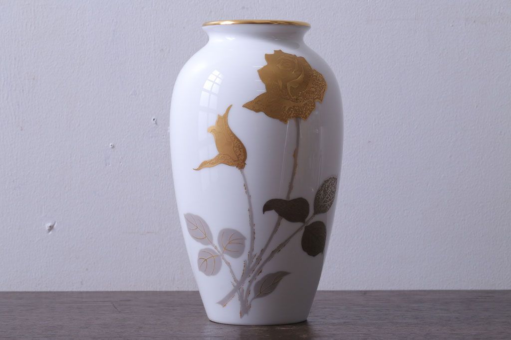 アンティーク雑貨　中古　大倉陶園(おおくらとうえん)　金蝕バラ　23cm花器