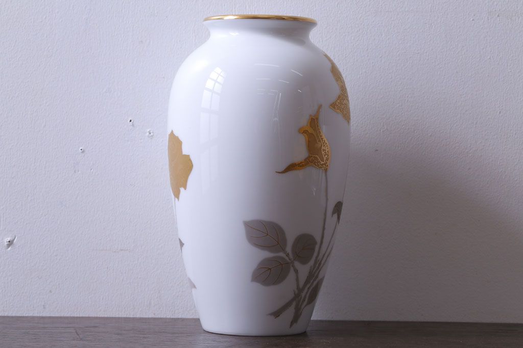 アンティーク雑貨　中古　大倉陶園(おおくらとうえん)　金蝕バラ　23cm花器