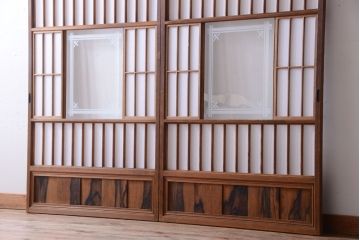 和製アンティーク　腰板黒柿材!古い雪見障子戸2枚セット(2)(引き戸、擦り上げ障子戸、擦上障子戸)