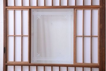 和製アンティーク　腰板黒柿材!古い雪見障子戸2枚セット(2)(引き戸、擦り上げ障子戸、擦上障子戸)