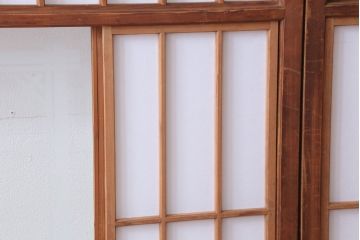 和製アンティーク　腰板黒柿材!デザインガラス入りの古い雪見障子戸2枚セット(1)(引き戸、擦り上げ障子戸、擦上障子戸)