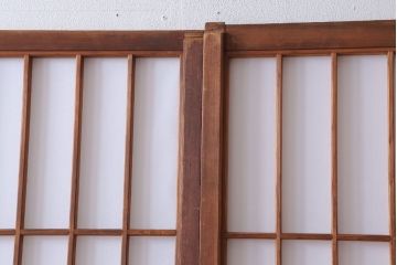  和製アンティーク　腰板黒柿材!デザインガラス入りの古い雪見障子戸2枚セット(2)(引き戸、擦り上げ障子戸、擦上障子戸)