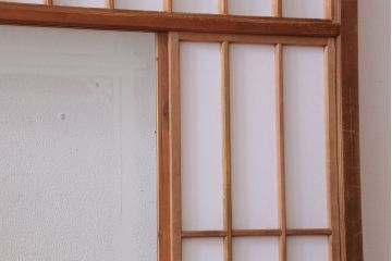  和製アンティーク　腰板黒柿材!デザインガラス入りの古い雪見障子戸2枚セット(2)(引き戸、擦り上げ障子戸、擦上障子戸)