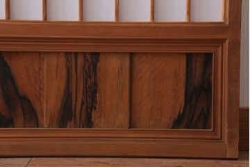  和製アンティーク　腰板黒柿材!デザインガラス入りの古い雪見障子戸2枚セット(2)(引き戸、擦り上げ障子戸、擦上障子戸)