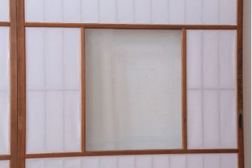  和製アンティーク　腰板黒柿材!デザインガラス入りの古い雪見障子戸2枚セット(2)(引き戸、擦り上げ障子戸、擦上障子戸)