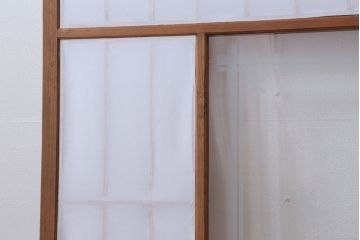  和製アンティーク　腰板黒柿材!デザインガラス入りの古い雪見障子戸2枚セット(2)(引き戸、擦り上げ障子戸、擦上障子戸)