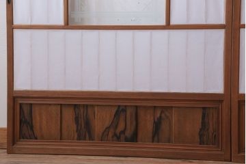  和製アンティーク　腰板黒柿材!デザインガラス入りの古い雪見障子戸2枚セット(2)(引き戸、擦り上げ障子戸、擦上障子戸)