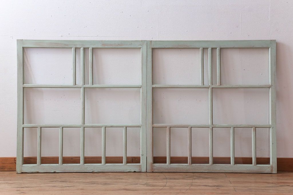 アンティーク　ミントグリーンペイントのガラス戸2枚セット(窓)(1)
