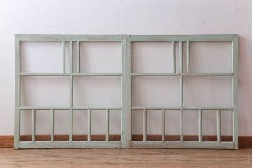 アンティーク　ミントグリーンペイントのガラス戸2枚セット(窓)(1)