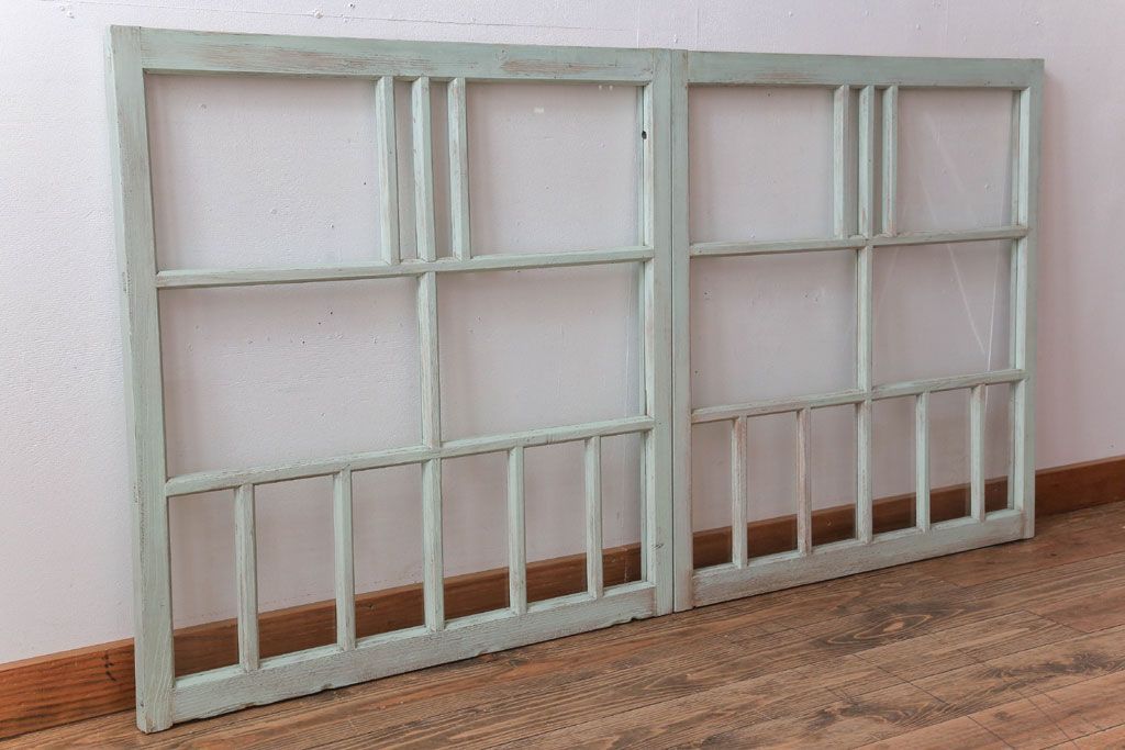 アンティーク　ミントグリーンペイントのガラス戸2枚セット(窓)(1)