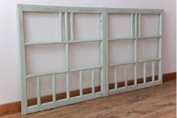 アンティーク　ミントグリーンペイントのガラス戸2枚セット(窓)(1)