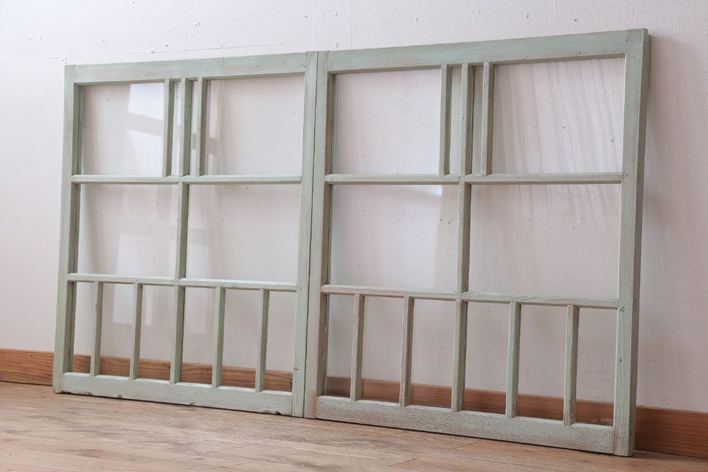 アンティーク　ミントグリーンペイントのガラス戸2枚セット(窓)(1)