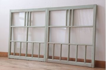 アンティーク　ミントグリーンペイントのガラス戸2枚セット(窓)(1)
