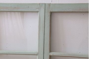 アンティーク　ミントグリーンペイントのガラス戸2枚セット(窓)(1)