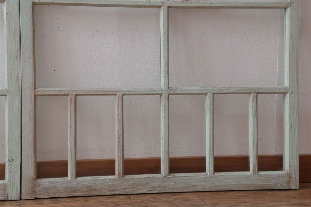 アンティーク　ミントグリーンペイントのガラス戸2枚セット(窓)(1)