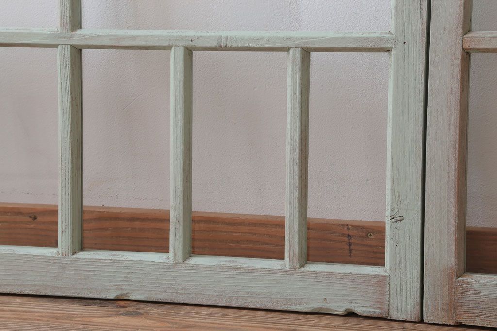 アンティーク　ミントグリーンペイントのガラス戸2枚セット(窓)(1)