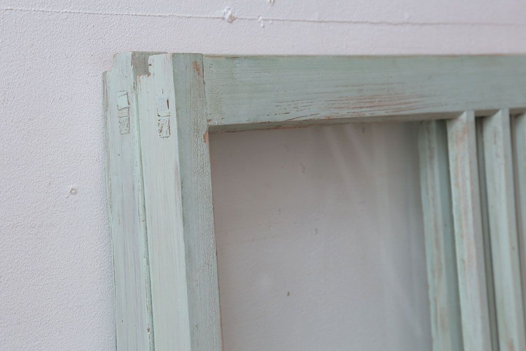 アンティーク　ミントグリーンペイントのガラス戸2枚セット(窓)(1)