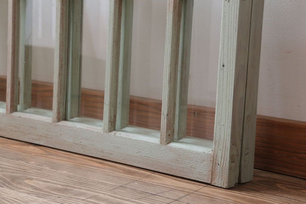 アンティーク　ミントグリーンペイントのガラス戸2枚セット(窓)(1)