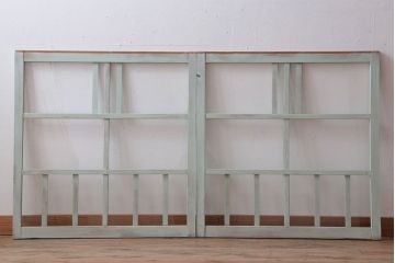 アンティーク　ミントグリーンペイントのガラス戸2枚セット(窓)(1)
